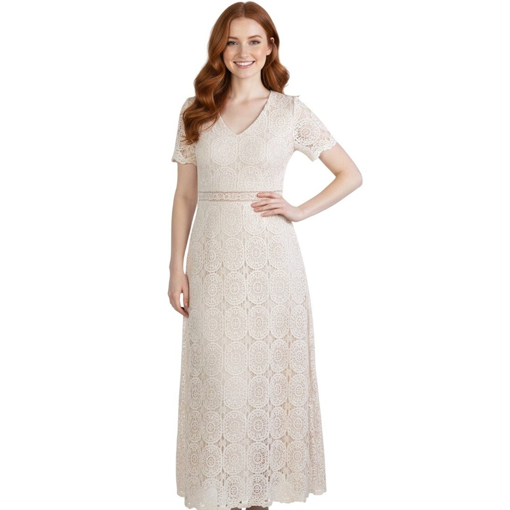 Tea n Rose Med Maxi Dress Ivory Lace V‎ Neck Short Sleeve Cottagecore Whimsical